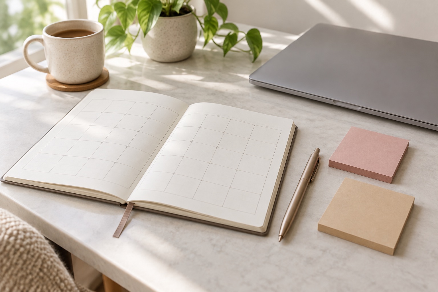 A blank planner and stationery ready for content planning